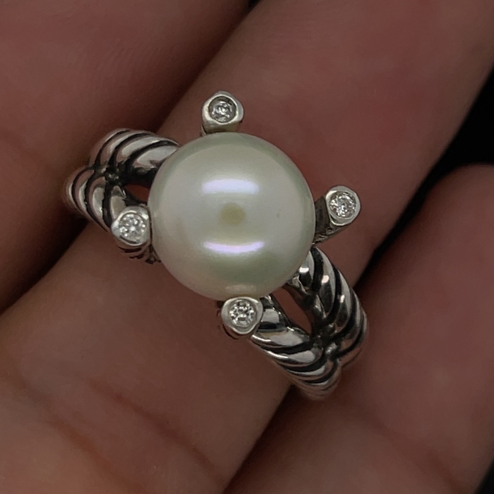David Yurman Sterling silver 925 Cable Pearl 9.5mm ring with diamonds size 7.5